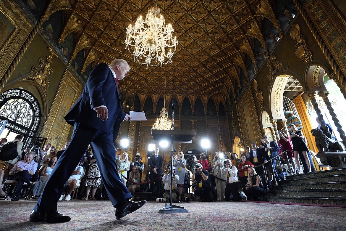 Republican presidential nominee former President Donald Trump arrives for a news conference at his Mar-a-Lago estate Thursday, Aug. 8, 2024, in Palm Beach, Fla. (AP Photo/Alex Brandon)