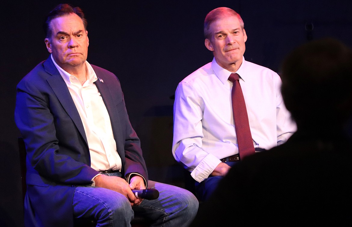 Congressmen Russ Fulcher, Idaho, and Jim Jordan, Ohio, field a question following their talks at Candlelight Christian Fellowship on Friday.