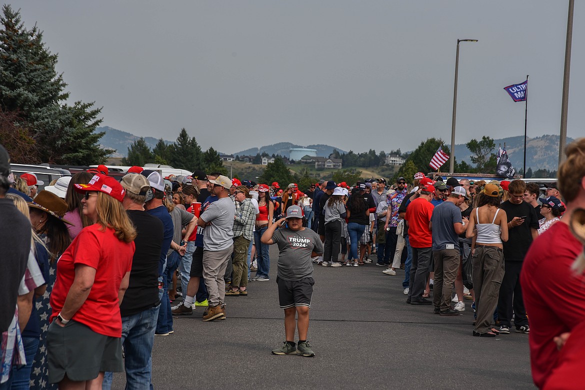 People wait in line for a rally for former President Donald Trump and Senate candidate Tim Sheehy on Aug. 9, 2024 in Bozeman. (Kate Heston/Daily Inter Lake)