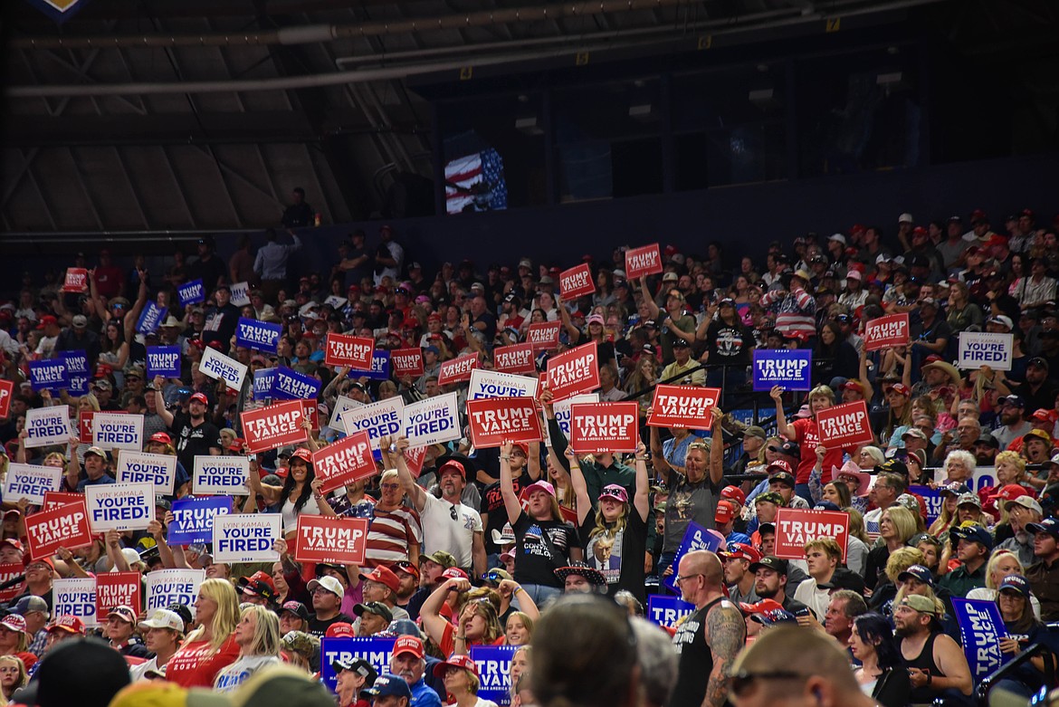 Signs for Donald Trump and J.D. Vance are displayed at a rally for former President Donald Trump and Senate candidate Tim Sheehy on Aug. 9, 2024 in Bozeman. (Kate Heston/Daily Inter Lake)