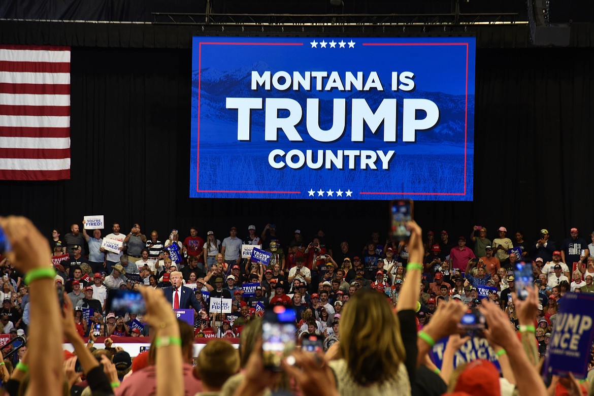 Former President Donald Trump speaks at a rally with Senate candidate Tim Sheehy on Aug. 9, 2024 in Bozeman. (Kate Heston/Daily Inter Lake)