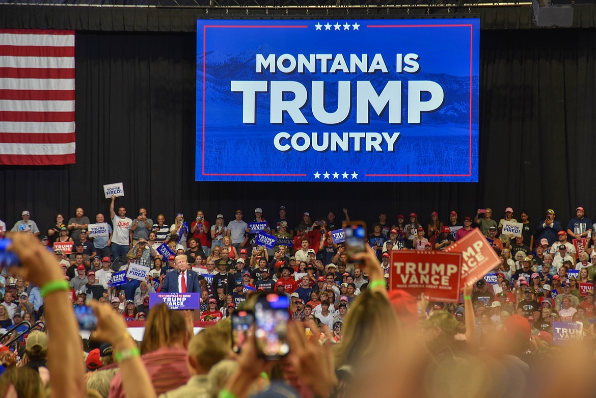 Former President Donald Trump speaks at a rally with Senate candidate Tim Sheehy on Aug. 9, 2024 in Bozeman. (Kate Heston/Daily Inter Lake)