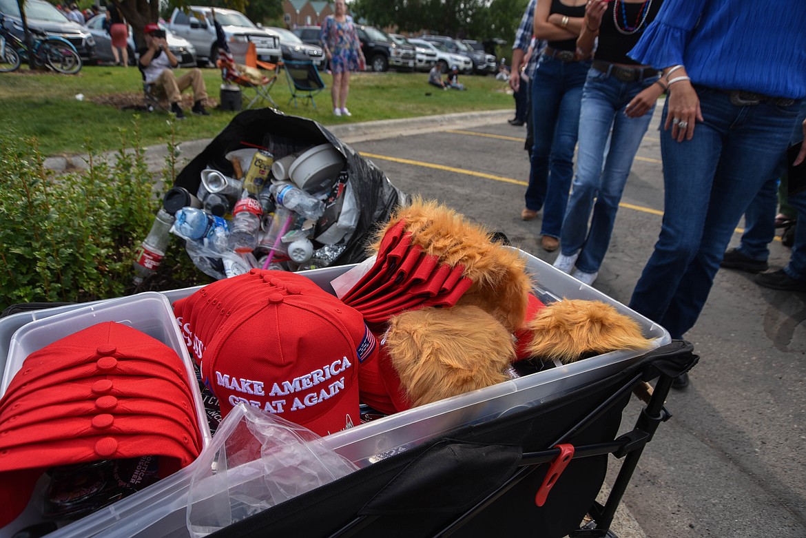 Merchandise for sale at a rally for former President Donald Trump on Aug. 9, 2024 in Bozeman. (Kate Heston/Daily Inter Lake)