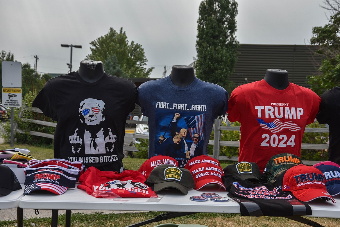 Merchandise at a rally for former President Donald Trump and Senate candidate Tim Sheehy on Aug. 9, 2024 in Bozeman. (Kate Heston/Daily Inter Lake)