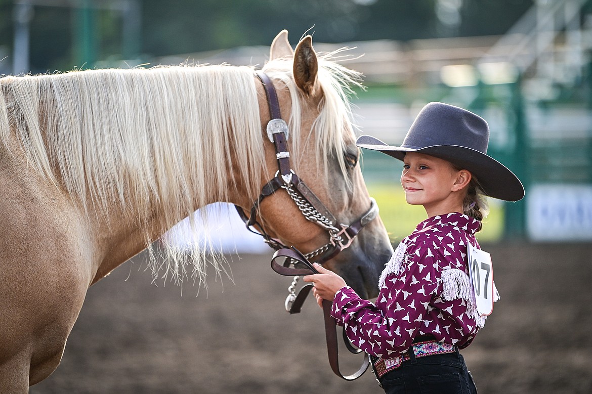 Kashlynn Knodel shows her horse during pre-junior level showmanship at the 4H Horse Show at the Northwest Montana Fair on Saturday, Aug. 10. (Casey Kreider/Daily Inter Lake)