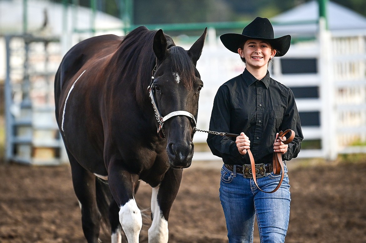 Kambrie Steward leads her horse through the pattern during junior level showmanship at the 4H Horse Show at the Northwest Montana Fair on Saturday, Aug. 10. (Casey Kreider/Daily Inter Lake)