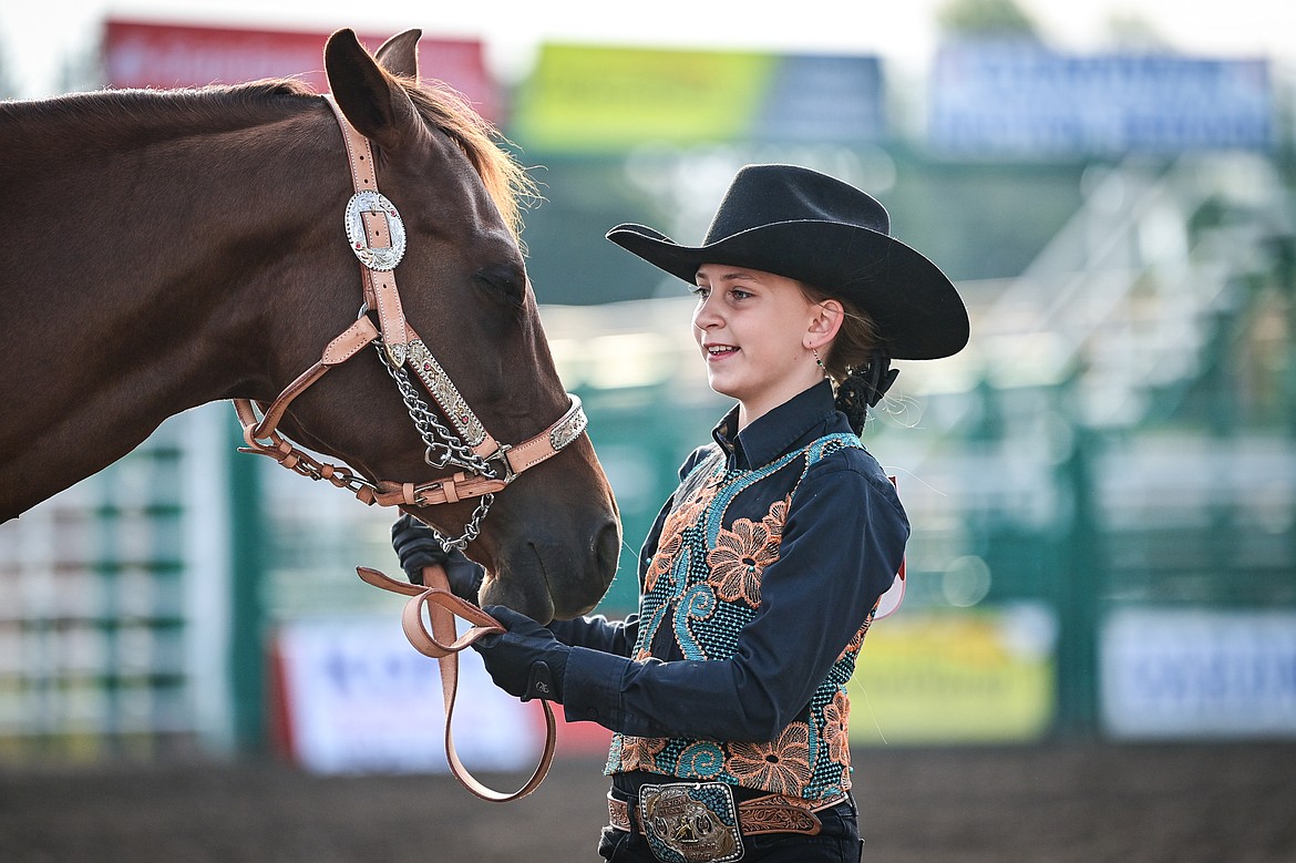 Lisa Tuck shows her horse during pre-junior level showmanship at the 4H Horse Show at the Northwest Montana Fair on Saturday, Aug. 10. (Casey Kreider/Daily Inter Lake)