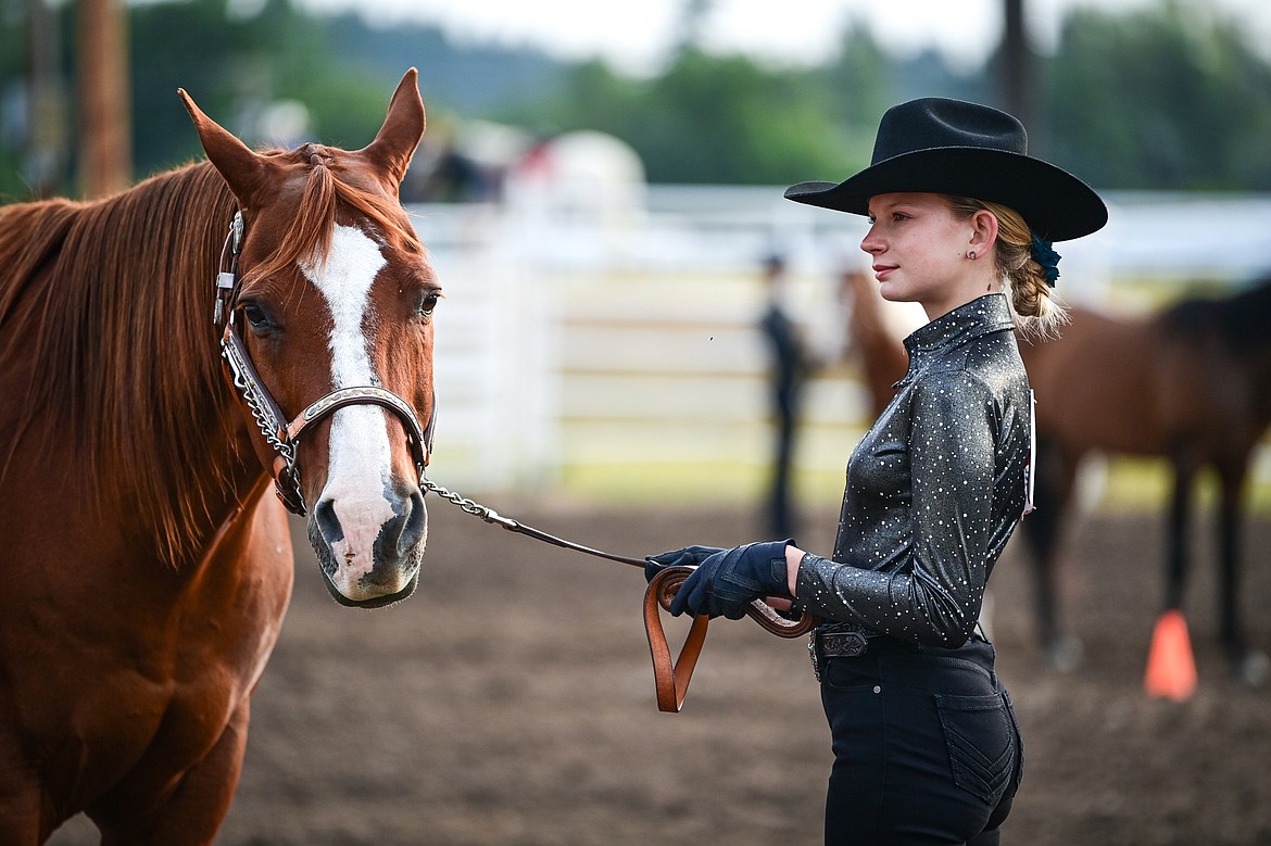 Raya Gronley shows her horse during junior level showmanship at the 4H Horse Show at the Northwest Montana Fair on Saturday, Aug. 10. (Casey Kreider/Daily Inter Lake)