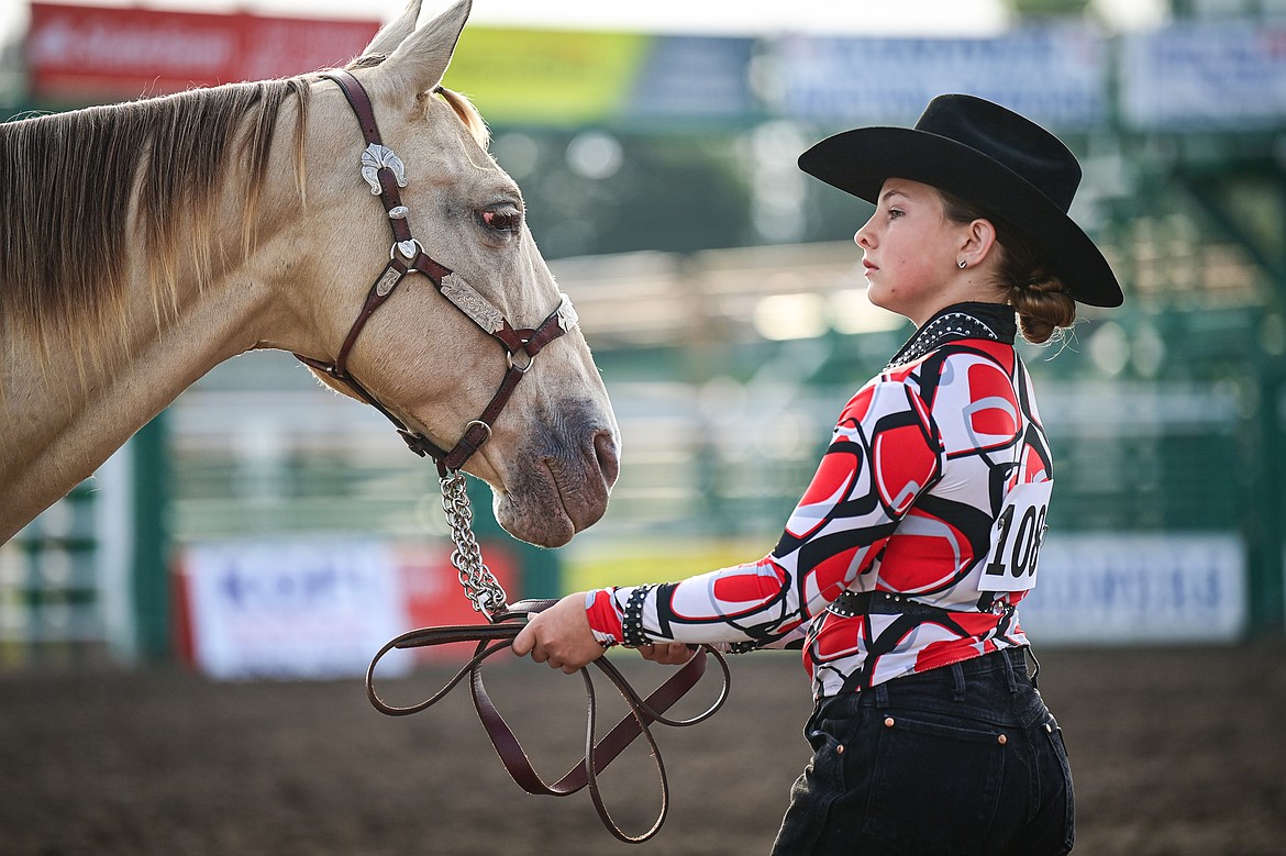 Sidni Sorensen shows her horse during pre-junior level showmanship at the 4H Horse Show at the Northwest Montana Fair on Saturday, Aug. 10. Sorensen won grand champion in her division. (Casey Kreider/Daily Inter Lake)