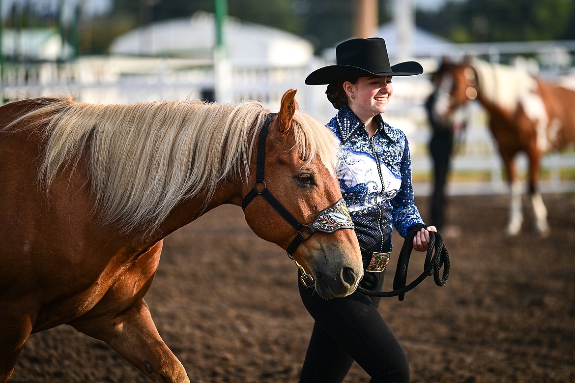 Abby Visnovske shows her horse during junior level showmanship at the 4H Horse Show at the Northwest Montana Fair on Saturday, Aug. 10. (Casey Kreider/Daily Inter Lake)