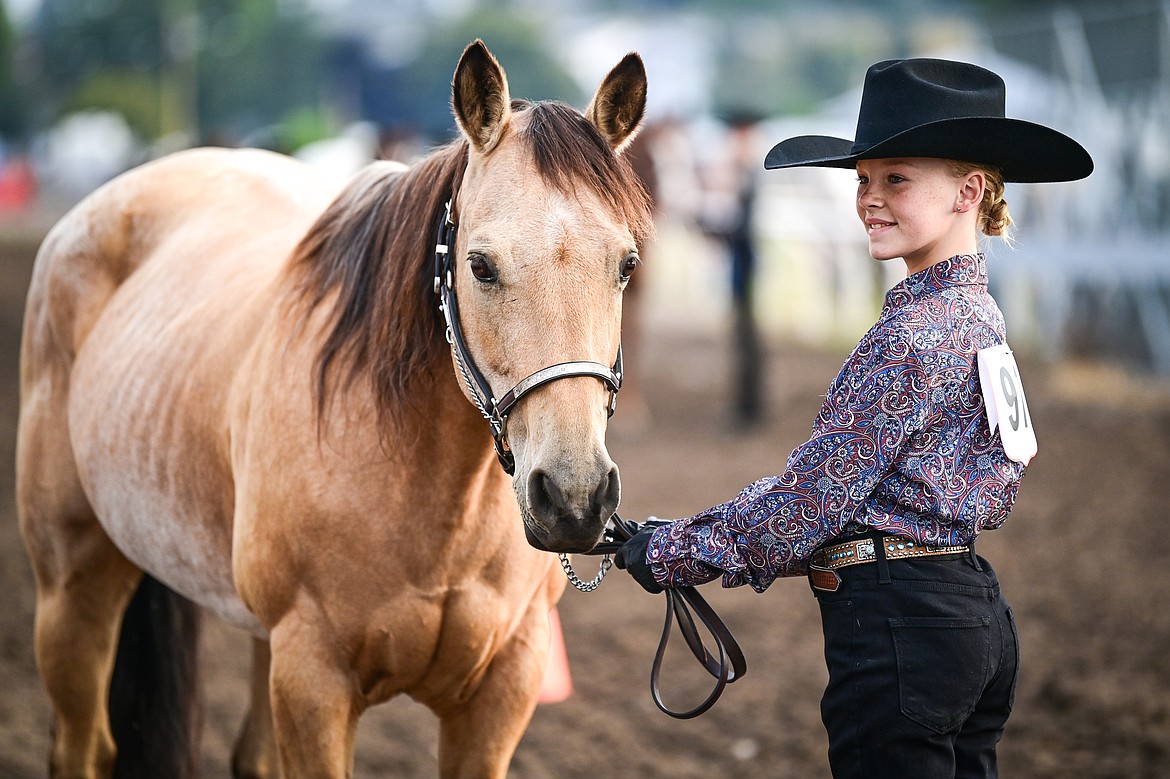 Kylie Boucher shows her horse during junior level showmanship at the 4H Horse Show at the Northwest Montana Fair on Saturday, Aug. 10. (Casey Kreider/Daily Inter Lake)