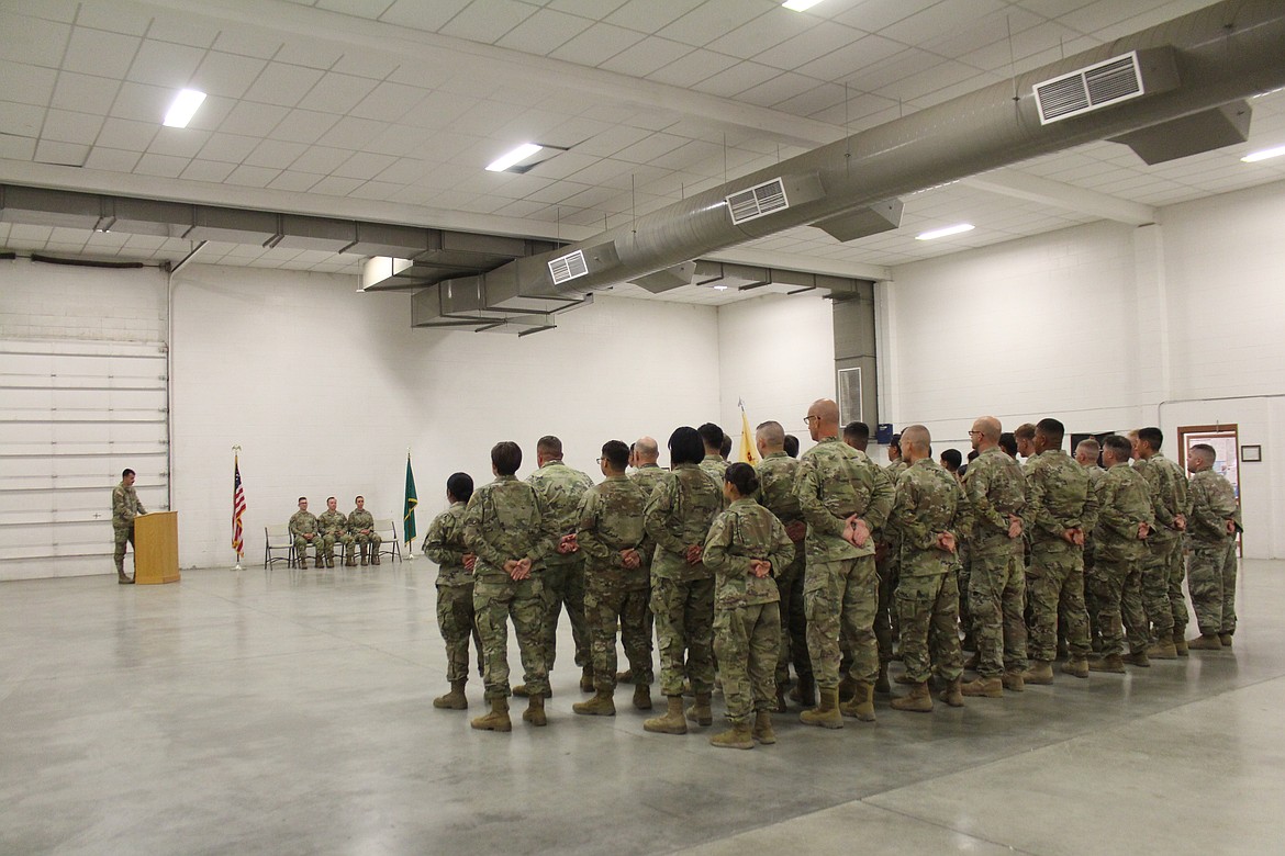 Golf Company listens to the speakers during the change of command ceremony Saturday in Ephrata.