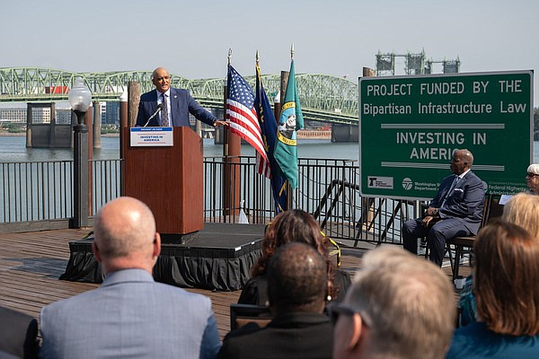 Federal Highway Administrator Shailen Bhatt speaks on Aug. 8 at the I-5 bridge site in Vancouver celebrating the progress of the I-5 Interstate Bridge Replacement effort and the federal Bipartisan Infrastructure Law’s contribution of $1.5 billion to the effort.