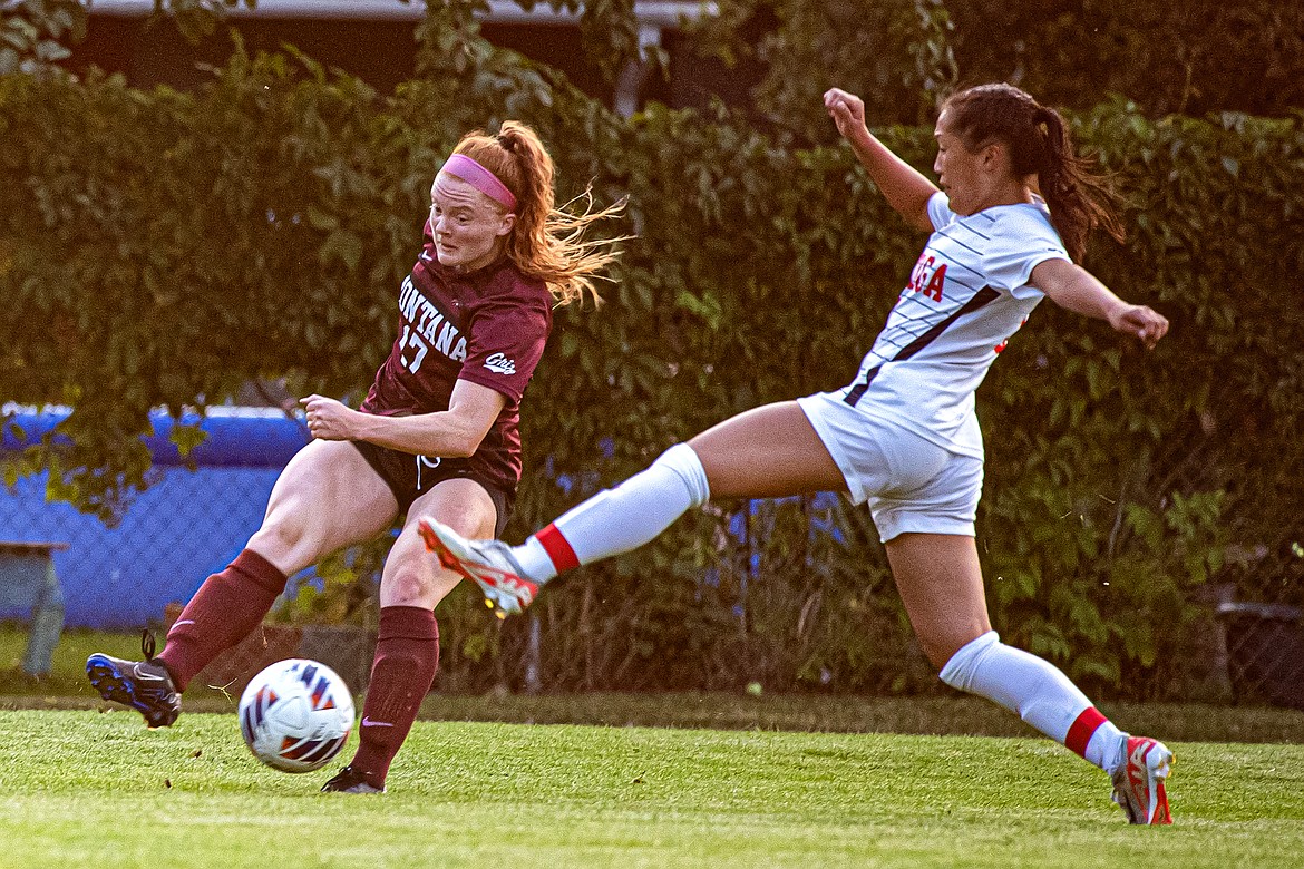 Kalispell graduate and Griz team captain Skyleigh Thompson (left) plays in the Gonzaga-Montana exhibition game in Columbia Falls Sunday, August 11. (Avery Howe/Bigfork Eagle)