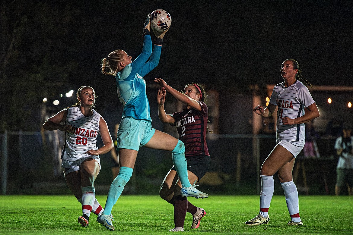 Freshman keeper and Whitefish High School graduate Norah Schmidt makes a save for Gonzaga in their exhibition game versus the Montana Grizzlies in Columbia Falls Sunday, August 11. (Avery Howe/Bigfork Eagle)