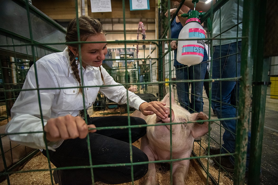 Kindi Benson plays with her pig, Stud, before the hog show at the Northwest Montana Fair on Monday, Aug. 12 at the Flathead Fairgrounds. (Avery Howe/Bigfork Eagle)