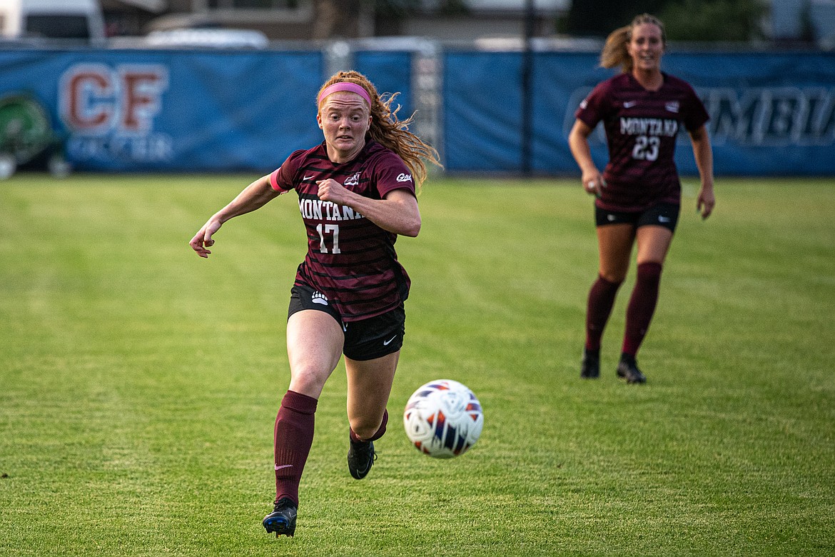 SENIOR FORWARD Skyleigh Thompson pushes the ball during the Montana Grizzlies’ exhibition with Gonzaga Sunday at Flip Darling Memorial Field in Columbia Falls. (Avery Howe/Bigfork Eagle)