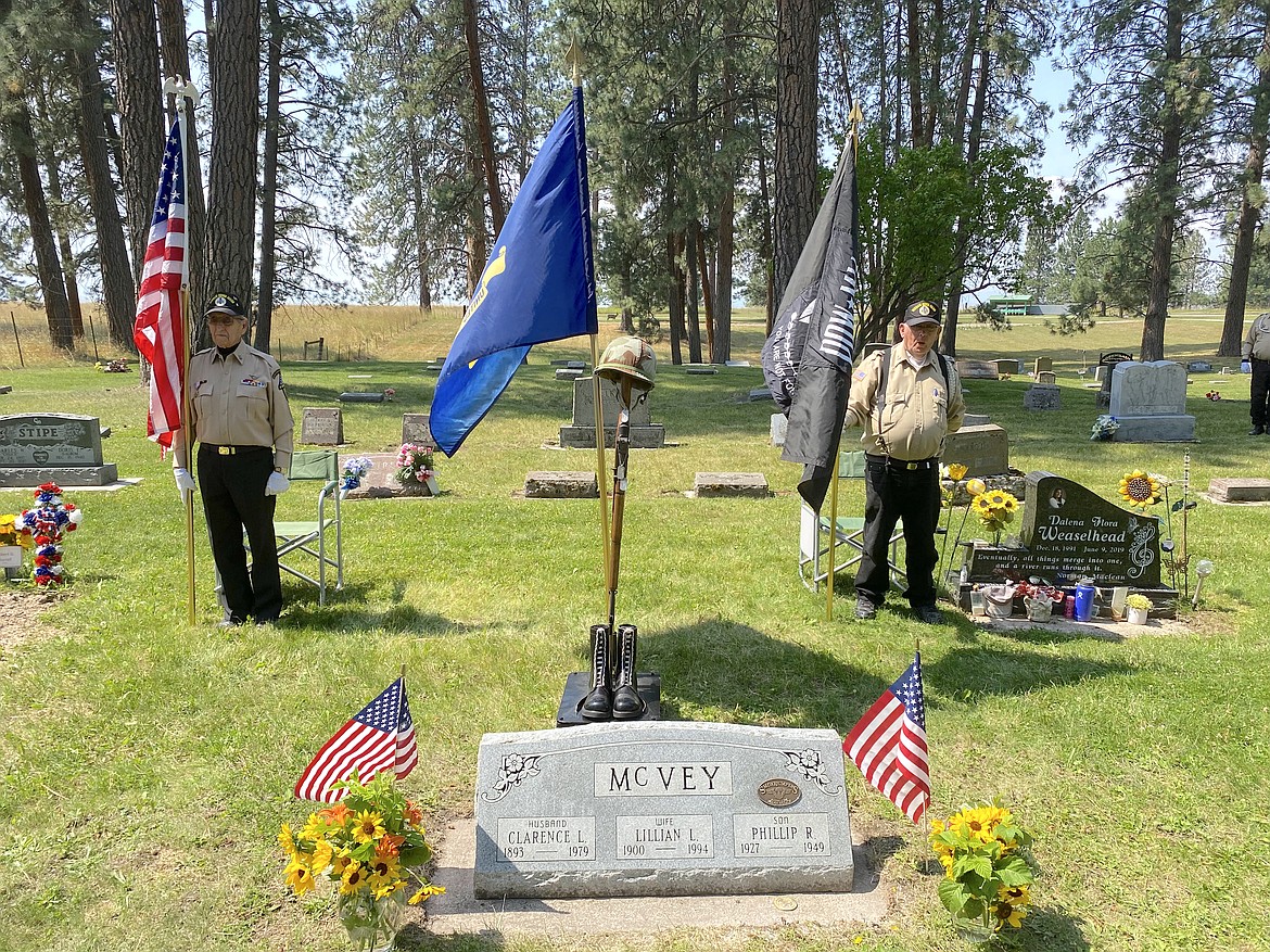 Members of the American Legion Honor Guard were on hand at Mountain View Cemetery in Ronan Saturday to honor veteran Phillip McVey during a tribute to the smokejumper – one of 13 men who died in the Mann Gulch fire, Aug. 5, 1949. (Larry Ashcraft photo)