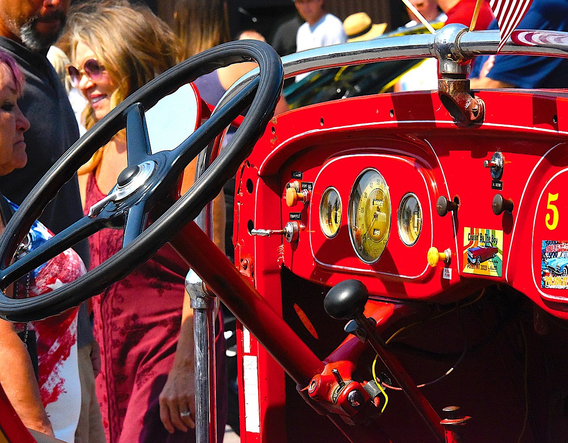 The 1936 Ford Darley Pumper's steering wheel and gear shift are ready to go. The antique truck was Polson's first pumper truck and came from chicago. (Berl Tiskus/Leader)