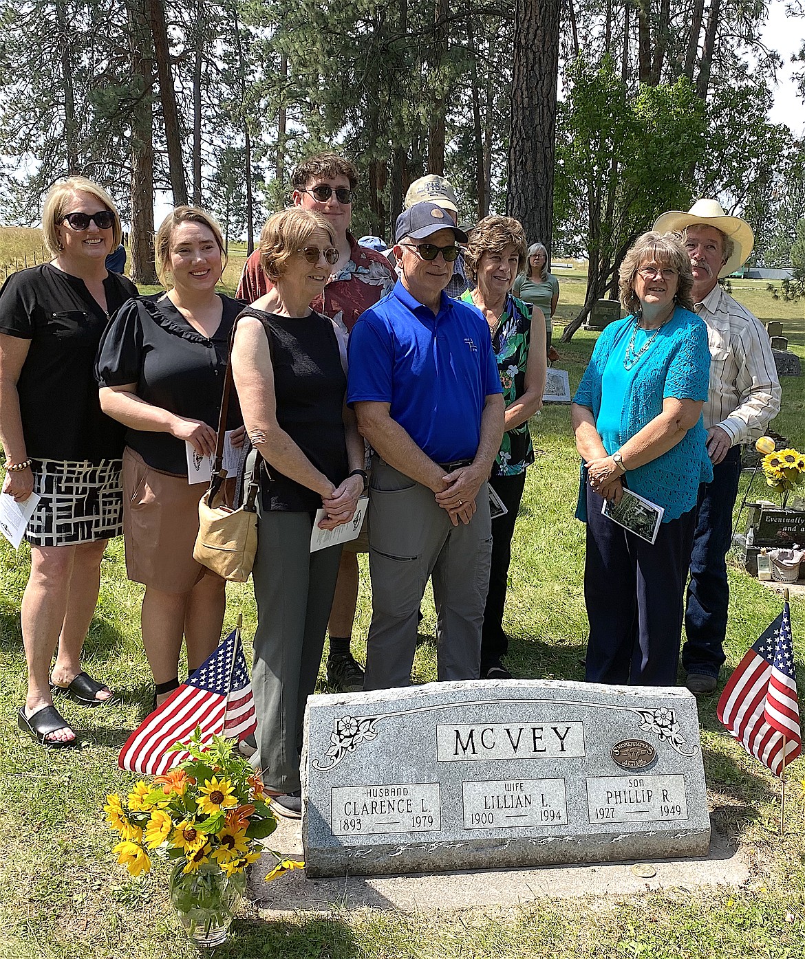 Members of Phillip McVey's family were on hand last Saturday at Mountain View Cemetery in Ronan for a tribute honoring the fallen smokejumper, who died at Mann Gulch 75 years ago. (Larry Ashcraft photo)