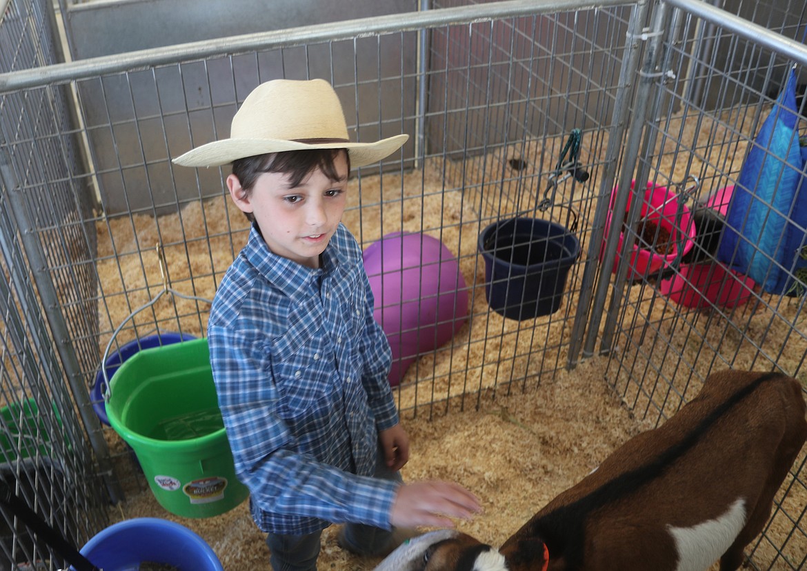 Hunter Morley, a member of the Hoodoo Hustlers, spends some time with his goat, Buddy during the opening day of the Bonner County Fair on Tuesday.