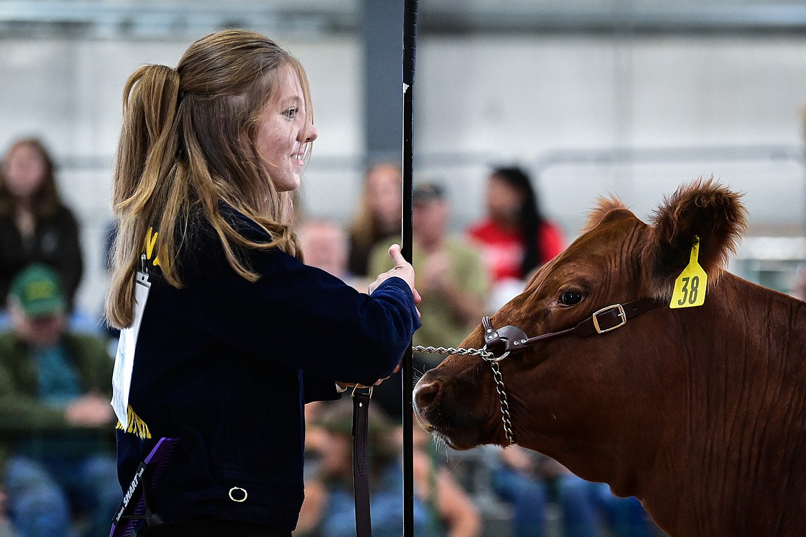 Madison Brist shows her steer during senior beef cattle showmanship at the Northwest Montana Fair on Wednesday, Aug. 14. (Casey Kreider/Daily Inter Lake)