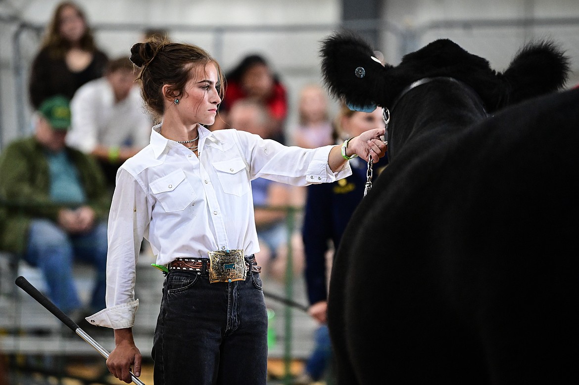 Carly Tranel shows her steer during senior beef cattle showmanship at the Northwest Montana Fair on Wednesday, Aug. 14. (Casey Kreider/Daily Inter Lake)