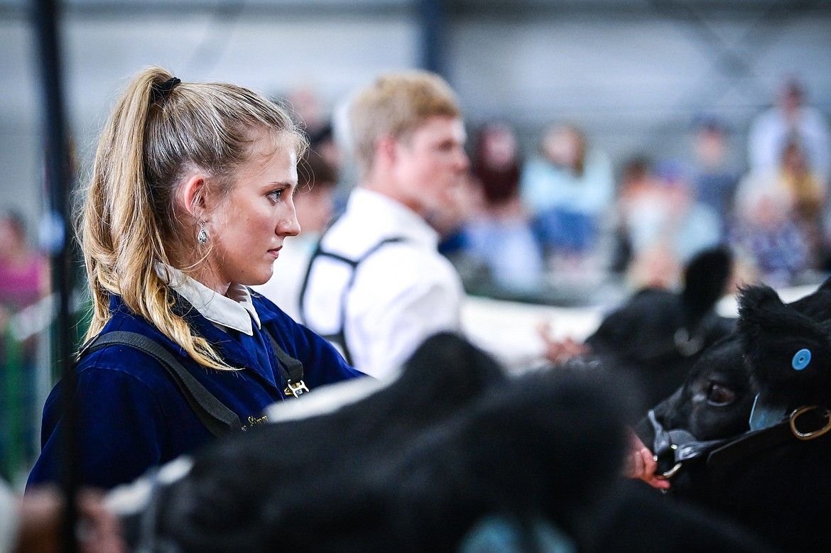 Rylee Glimm shows her steer during senior beef cattle showmanship at the Northwest Montana Fair on Wednesday, Aug. 14. (Casey Kreider/Daily Inter Lake)