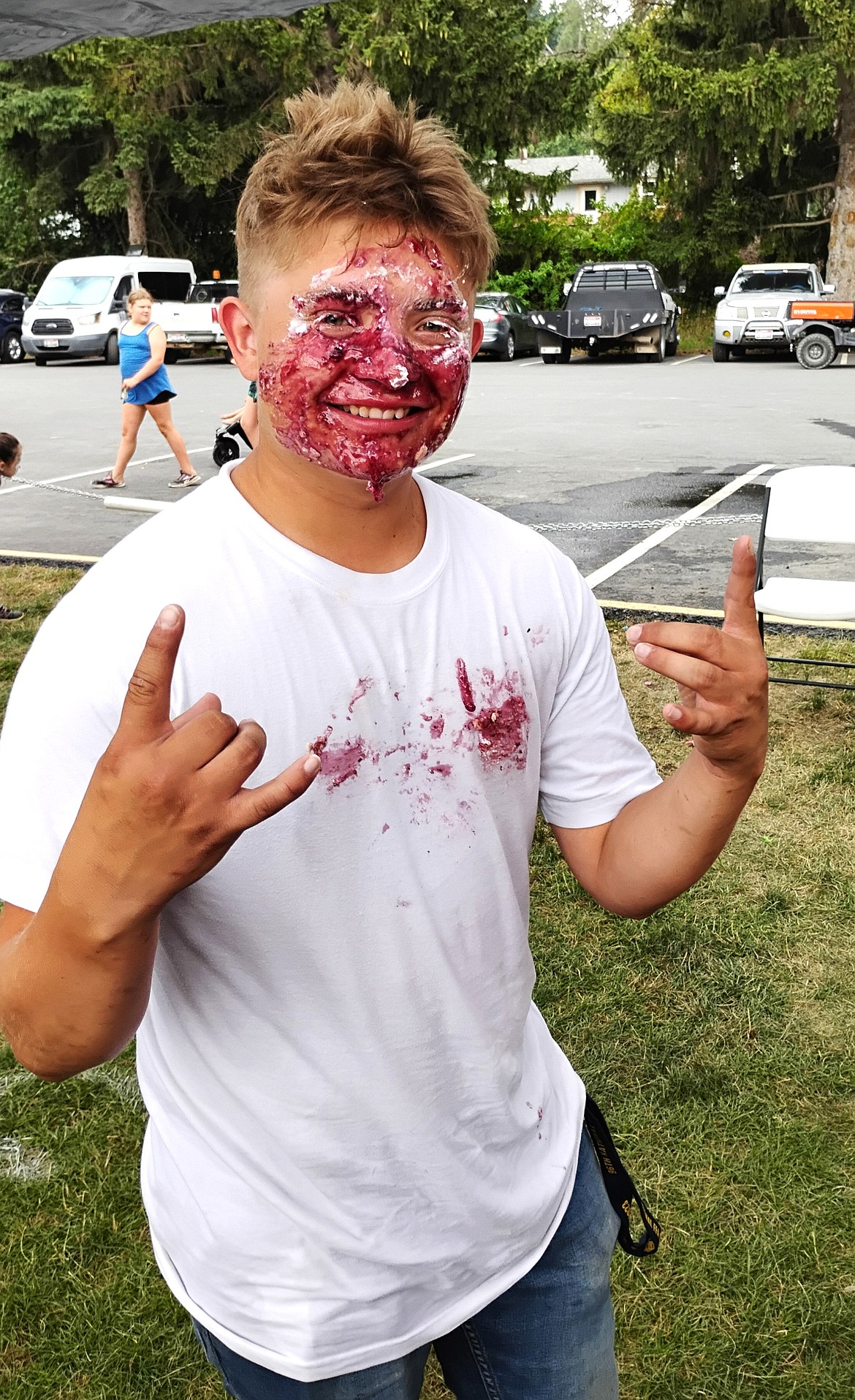 Isaac Bliss continues his reign of pie eating champion at the Boundary County Fair.