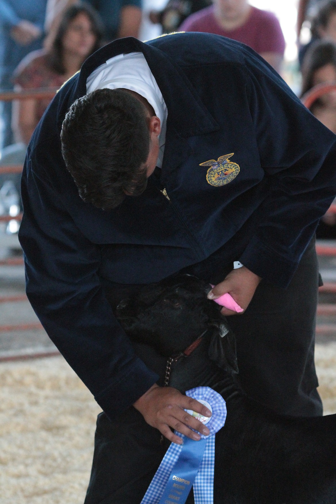 Juan Cuevas, a first-time competitor, won a champion reserve ribbon after competing for the first time in the Grant County Fair with his goat, Texas Ranger. He rubbed the ribbon on Texas Ranger for good luck.