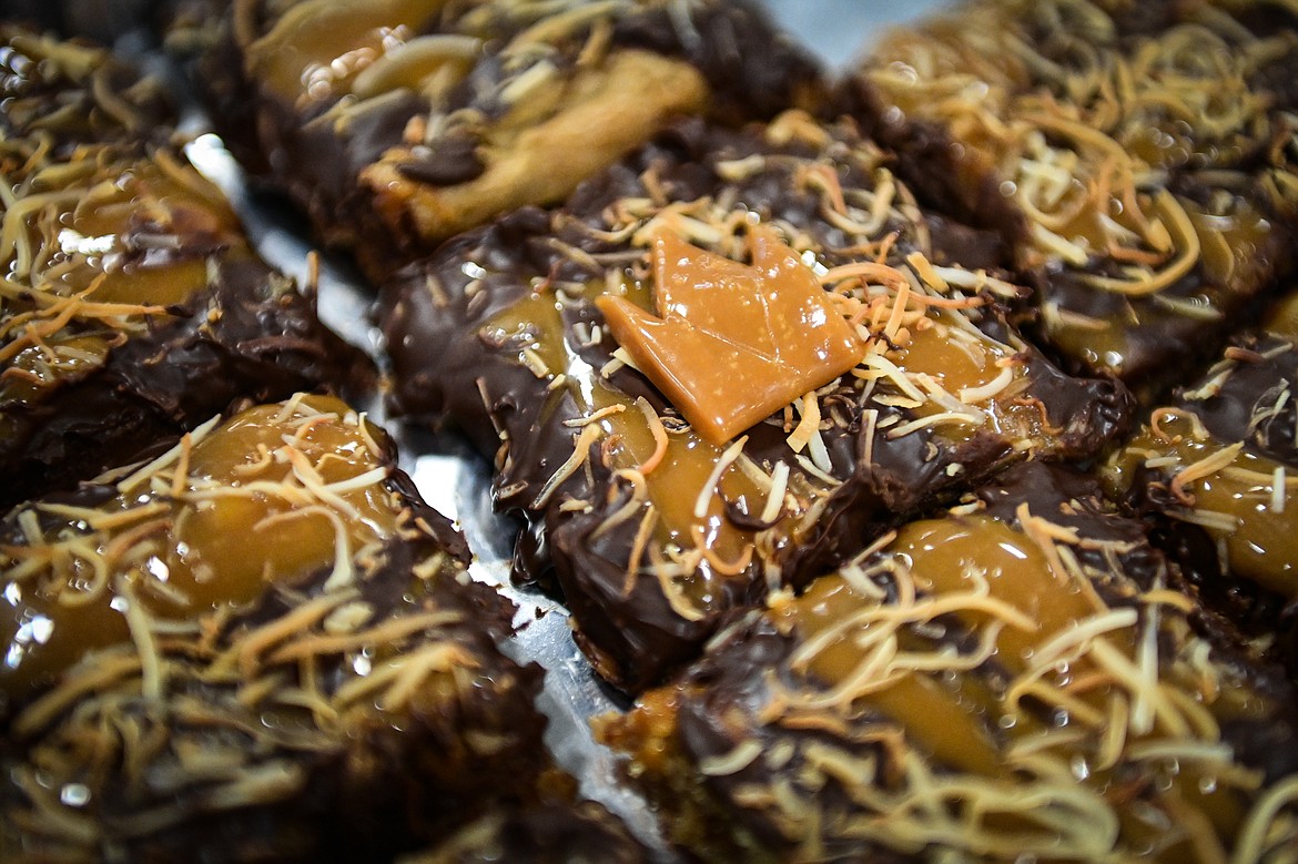 A caramel crown in the shape of the King Arthur Baking Company logo on one of the contestants' Grand Prize Coconut-Caramel Bars in the King Arthur Baking Competition at the Northwest Montana Fair & Rodeo on Friday, Aug. 16. (Casey Kreider/Daily Inter Lake)