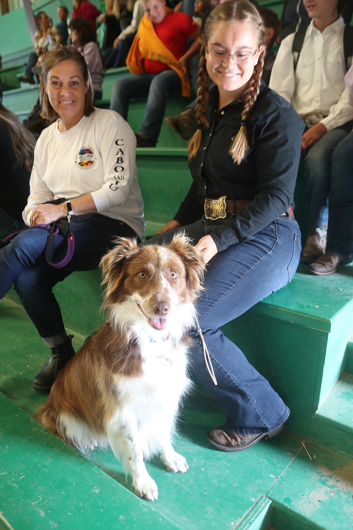 Rylie Hancock finds a spot to watch the action with her dog, Sasha, during a round robin competition at the Bonner County Fair on Friday.