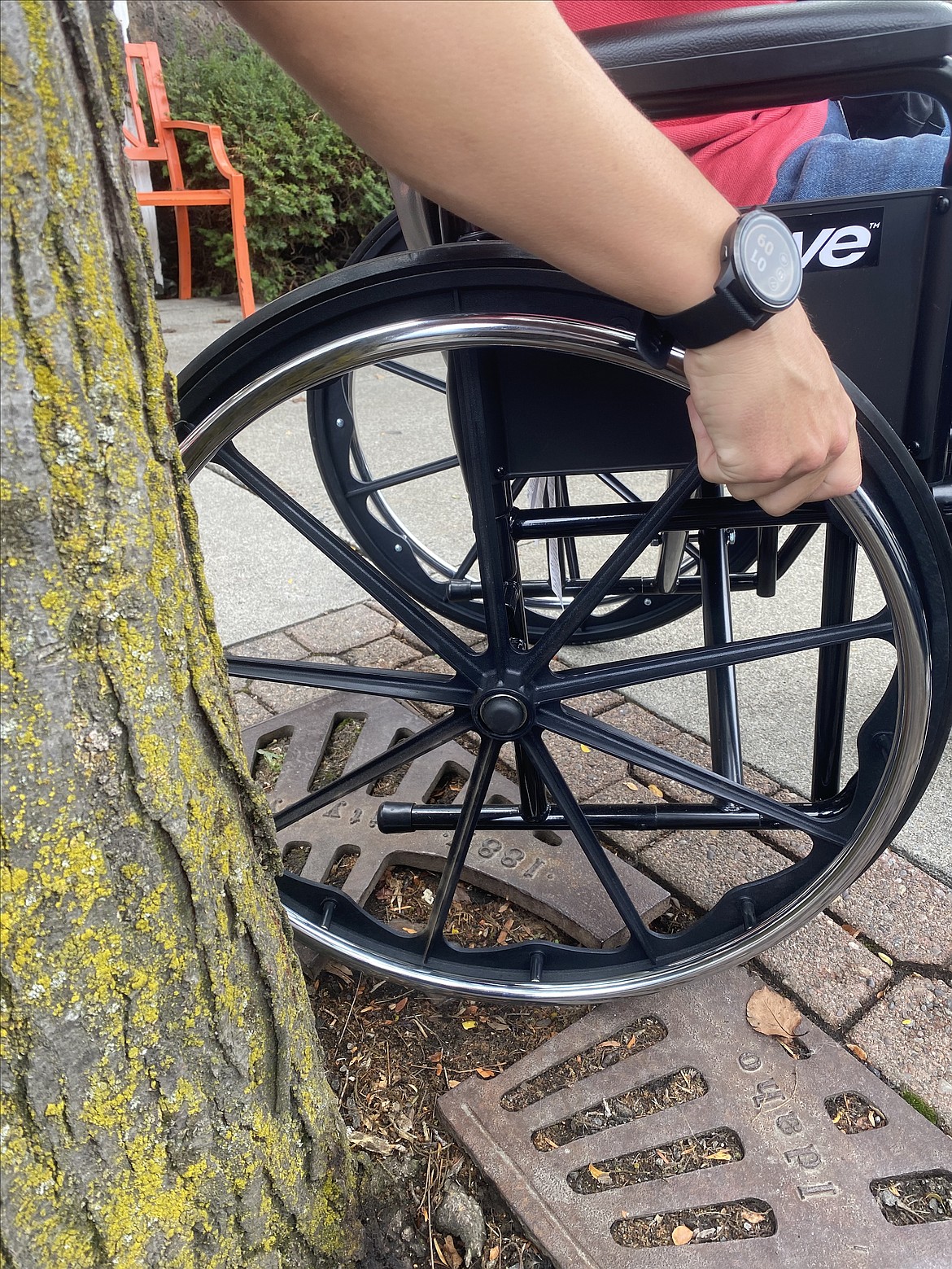 Tree grates prove to be a big accessibility issue along Sherman, as the wide gaps can easily sink a wheelchair wheel.