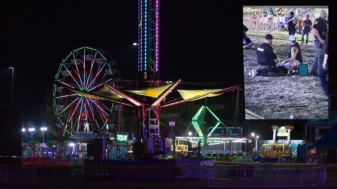 The Grant County Fairgrounds was evacuated Friday evening, on the carnival side of the venue, after a shooting led to the injury of two minors. Inset (Courtesy Photo): Officers detain the suspect in the shooting.