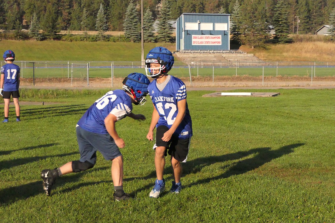 Players work on blocking skills as the Superior Bobcats began preseason practices ahead of the season opener versus Valley Christian on Aug. 31 in Missoula. (Chuck Bandel/VP-MI)