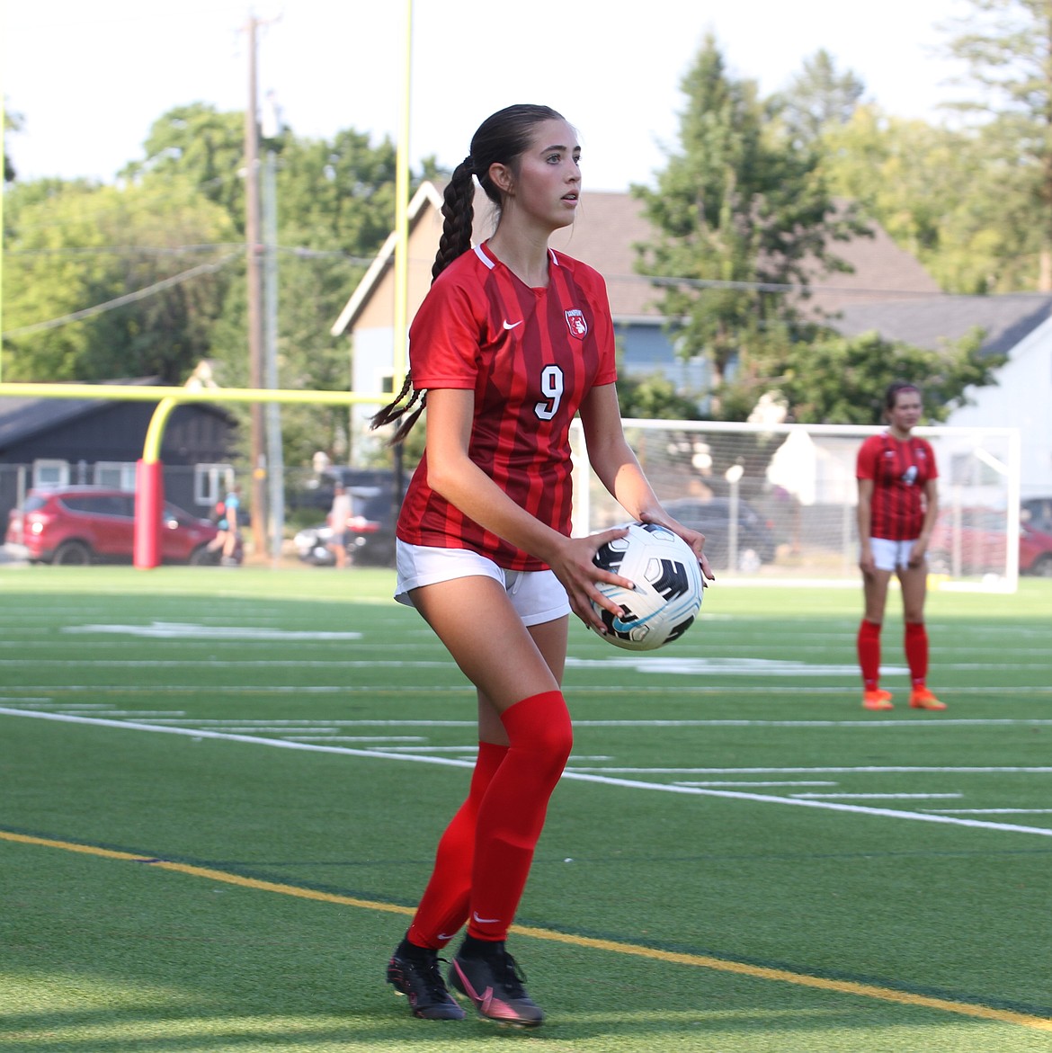 Sandpoint High junior Ava Glahe looks to make a throw-in for the Bulldogs during a home game last season.