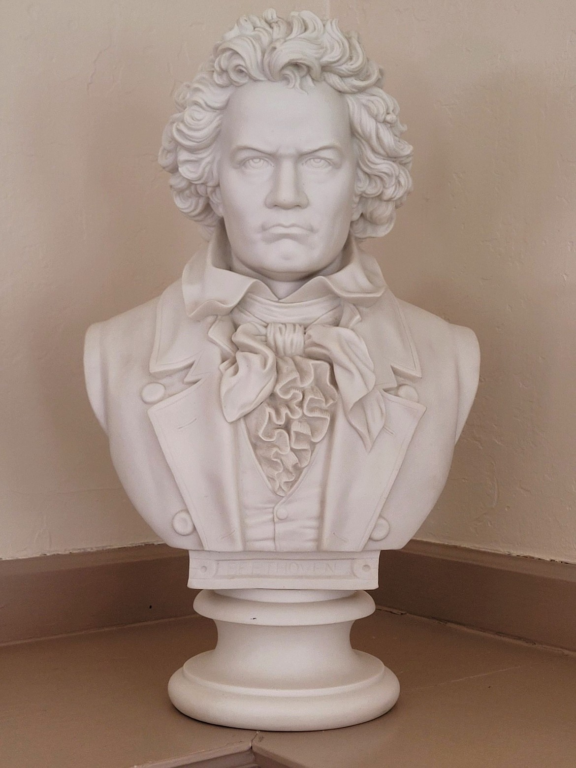 A 2-foot-tall statue of famous German composer and musician Ludwig von Beethoven that was recently given to the Music Conservatory of Coeur d'Alene is as mysterious as it is detailed. It is pictured on display Monday.