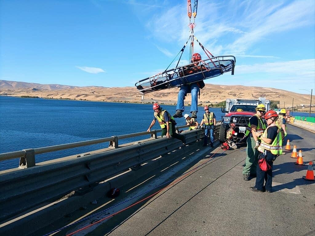 Royal Slope Fire Rescue EMS practices rope rescue training on the I-90 Vantage Bridge on Tuesday morning.