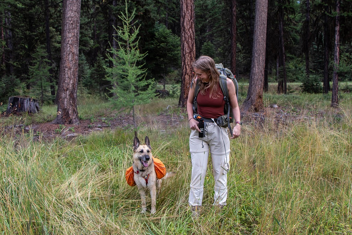 Enzo, the German Shepherd, and Kate Heston before they backpack in the Flathead National Forest. (Kate Heston/Daily Inter Lake)