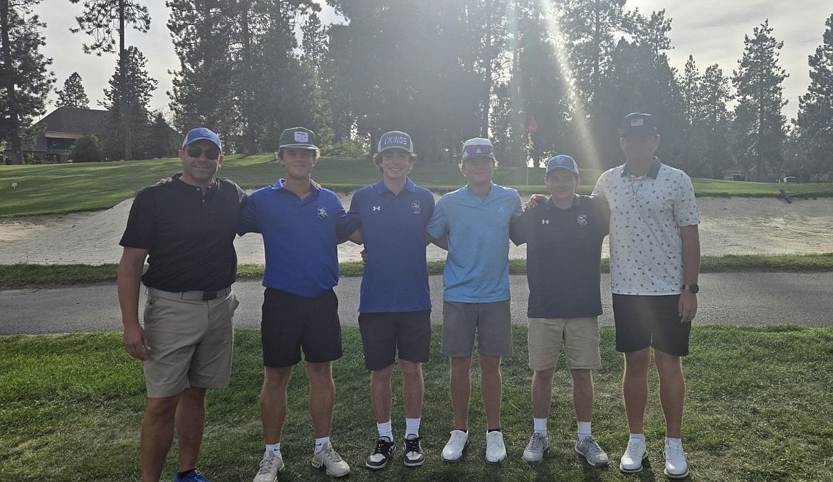 Courtesy photo
The Coeur d'Alene boys golf team claimed the team title at the Post Falls Invitational on Tuesday at The Highlands Golf Course. From left are coach Chase Bennett, Grant Potter, Ben Crabb, Ben Focke, Jake-Ryan Borowski and Dylan Cook.