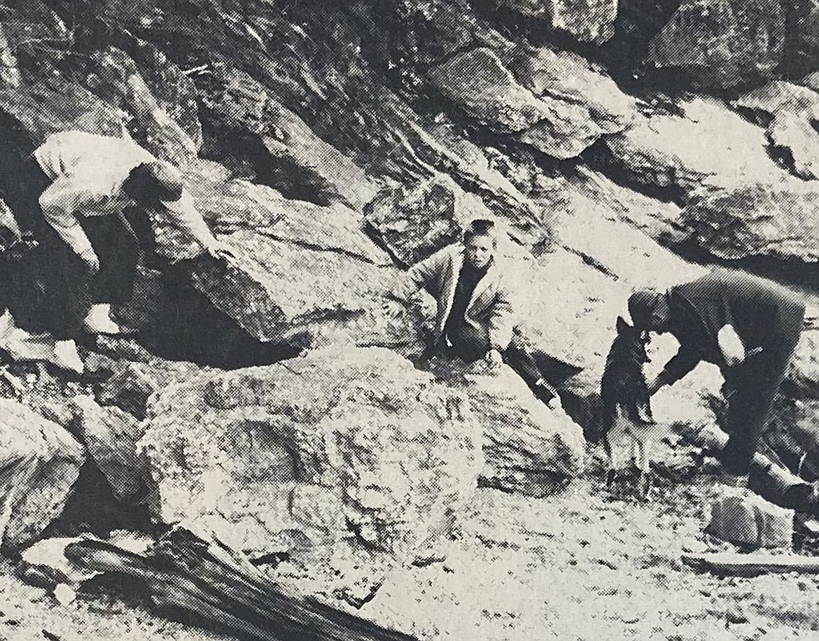 In 1964, a week after the Stewart murder, three residents of Houston, Texas, joined the community in a search for clues on Tubbs Hill. From left, Mrs. W.H. Waters, Michael McGinnis and Michael’s father, Bill.