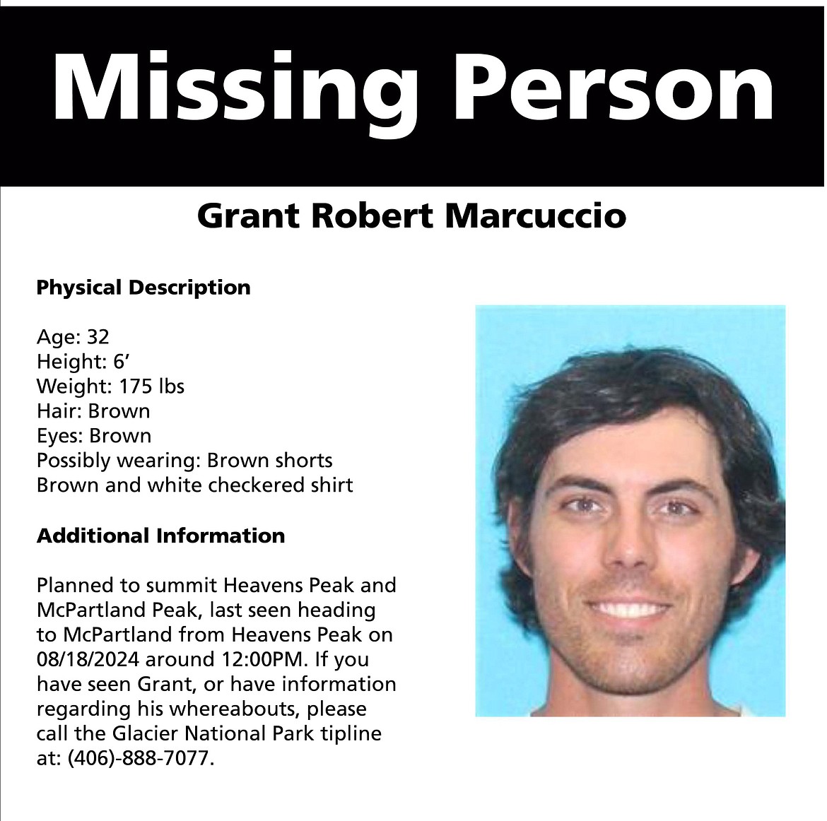 A missing persons flyer for Grant Marcuccio posted by Glacier National Park officials on social media. (photo provided)