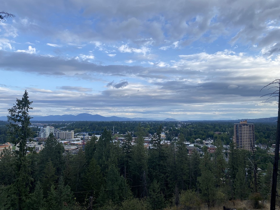 A view of downtown Coeur d'Alene and beyond from about halfway up Summit Trail on Tubbs Hill.