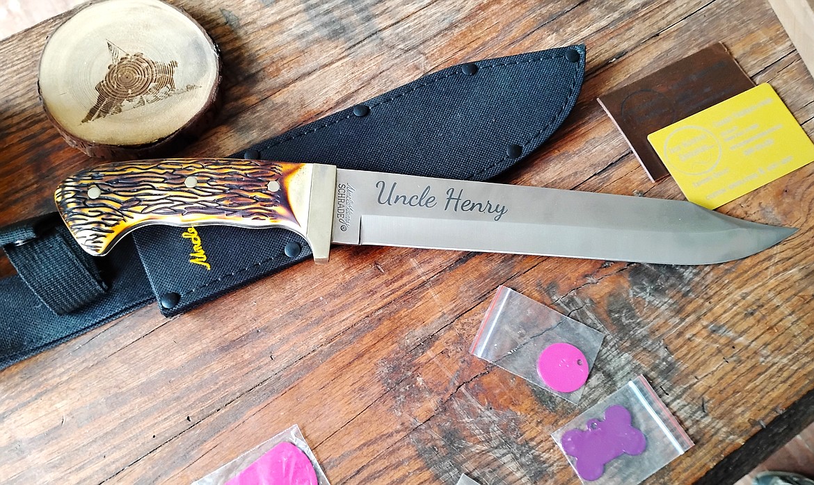 An engraved knife on display at Iron Mountain Engraving.