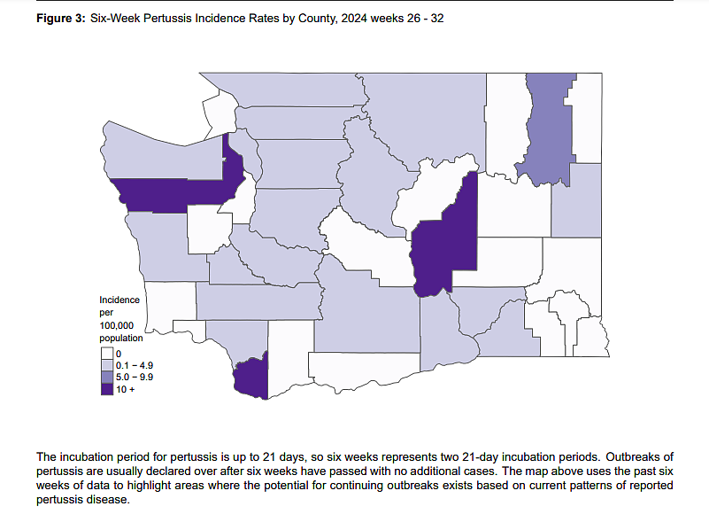 A map of whooping cough incidence per 100,000 population in the State of Washington.