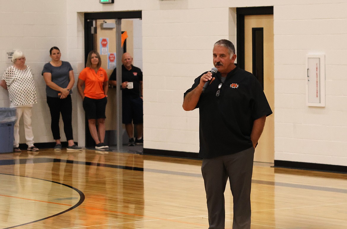 Assistant Superintendent Aaron Cummings – formerly the principal at Ephrata High School – speaks at the Ephrata School District back-to-school event for staff Aug. 20.