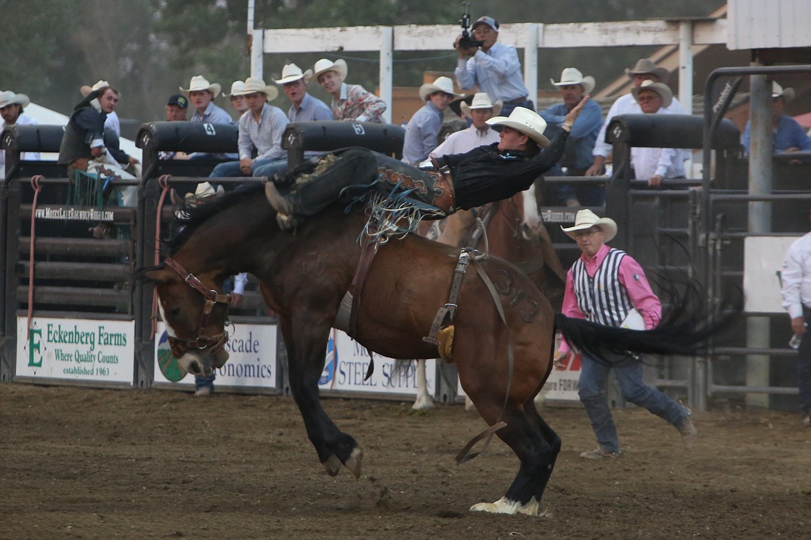 Bareback rider Wacey Shalla, from Arapaho, Oklahoma, won both the bareback riding event and was named all-around cowboy at last week’s Moses Lake Roundup.