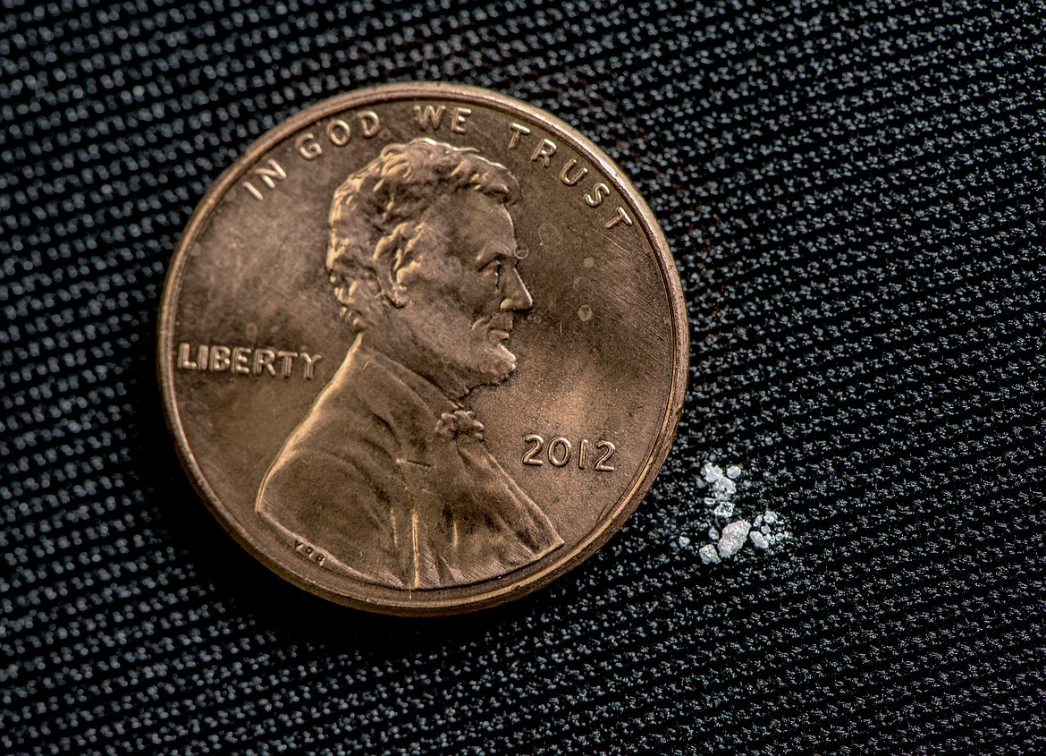 A fatal dose of fentanyl - the white substance in the bottom right - shown alongside a penny illustrates how little it takes of the drug to kill a person. The drug is highly addictive.