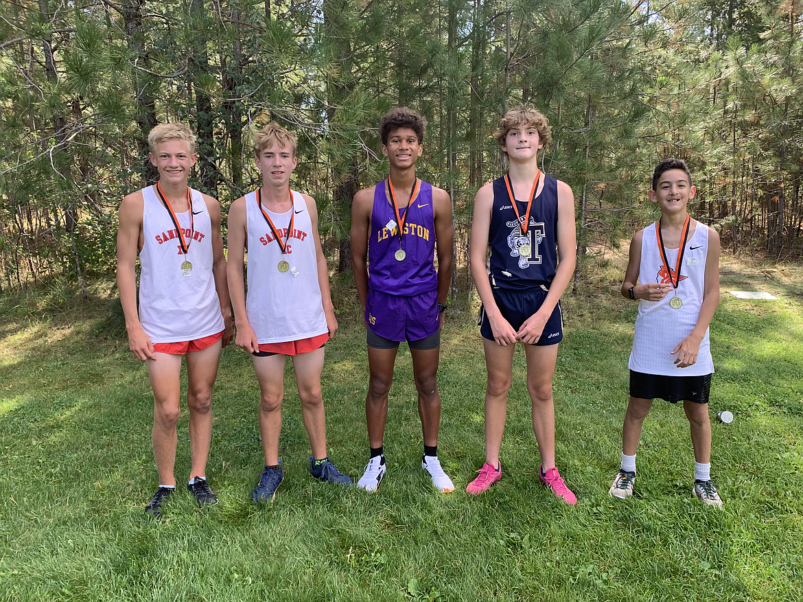 Courtesy photo
Pictured are top finishers in the Post Falls River Run boys freshman race. From left are Kai Budensiek, Wyatt Lemon, Ian Franklin, Joseph Sateren and Josiah Wells.