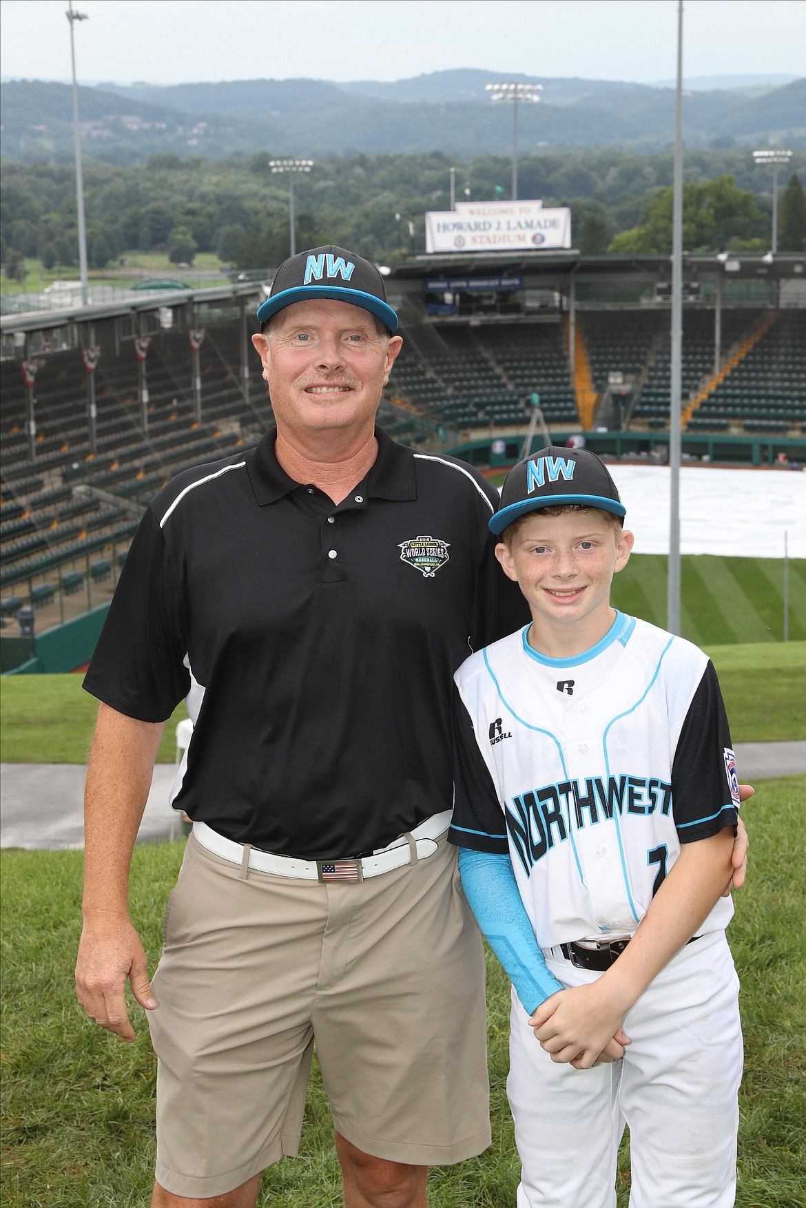 Courtesy photo
2018 Coeur d'Alene All-Stars coach Steve Saunders, left, and his son, Chase, at the Little League World Series in Williamsport, Pa.